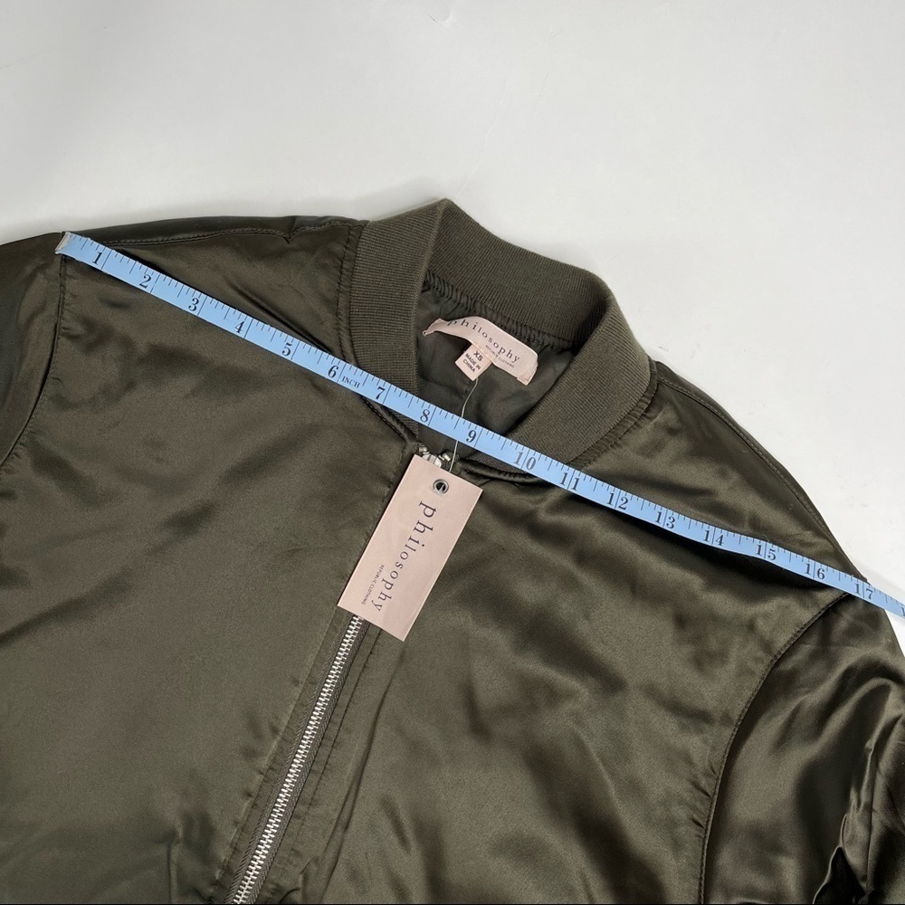 New Philosophy Rich Olive Green Satin 90s Zip-up Preppy College Bomber Jacket - Picture 16 of 16